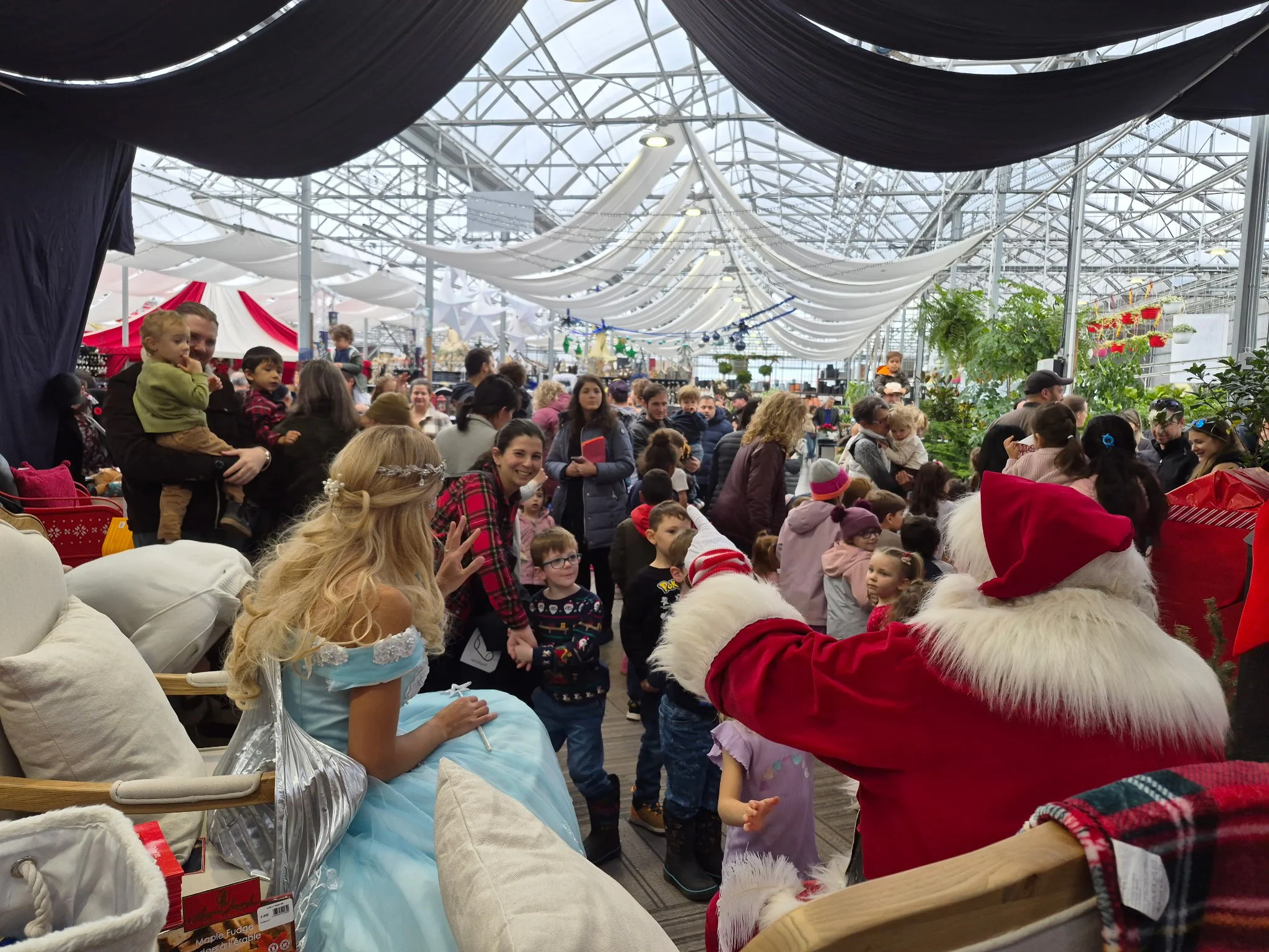Grande foule rassemblée autour des personnages de Noël lors d’un événement