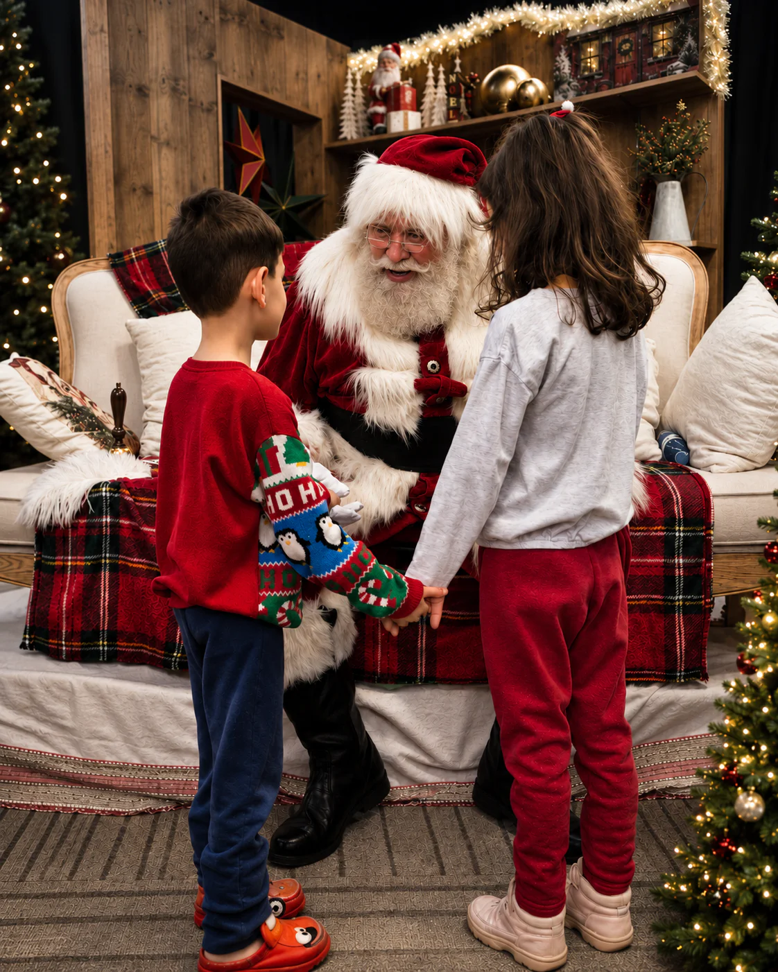 Le Père Noël accueille une visiteuse dans un grand décor de Noël