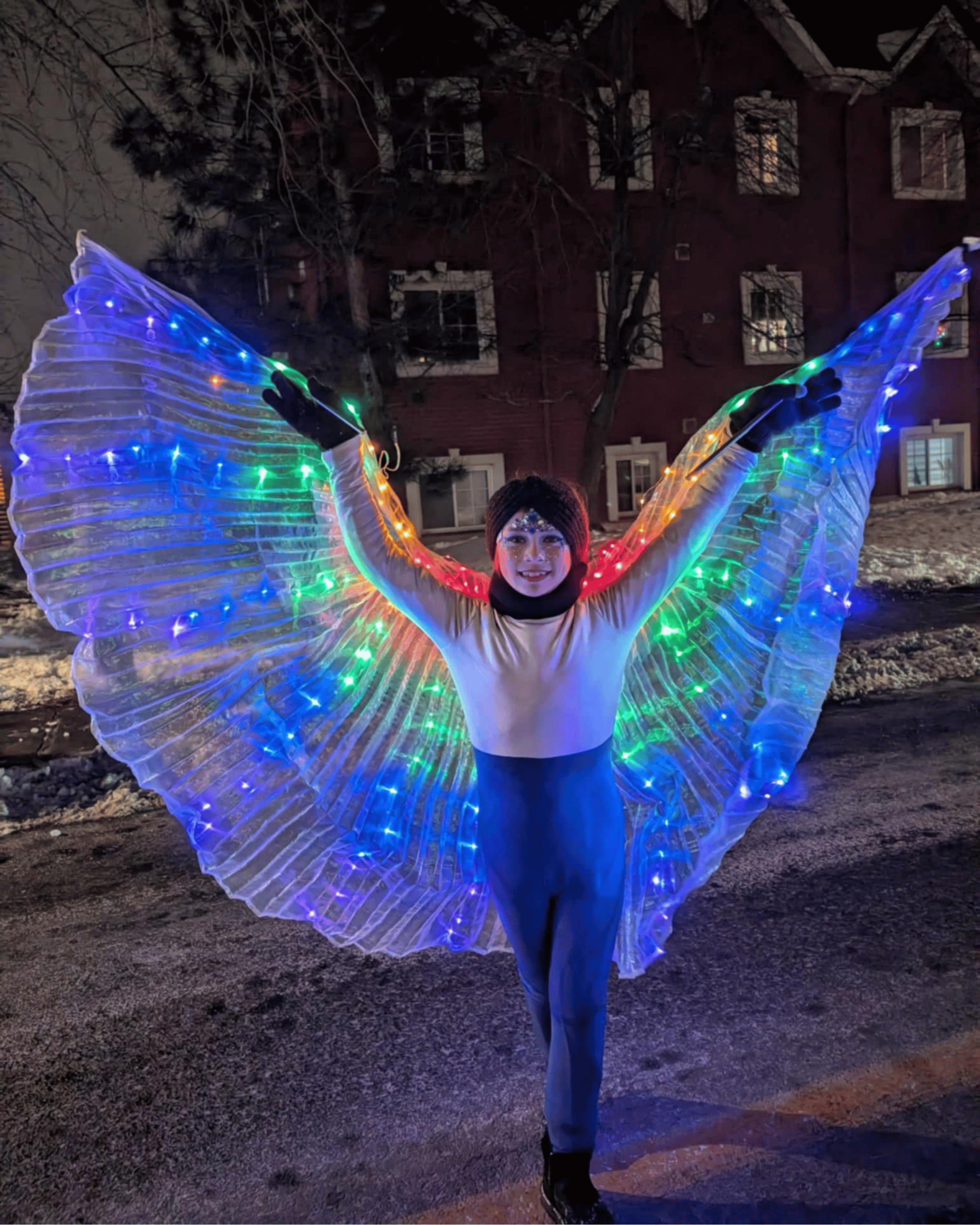 Le char féerique illuminé et les performeurs aux cerceaux.