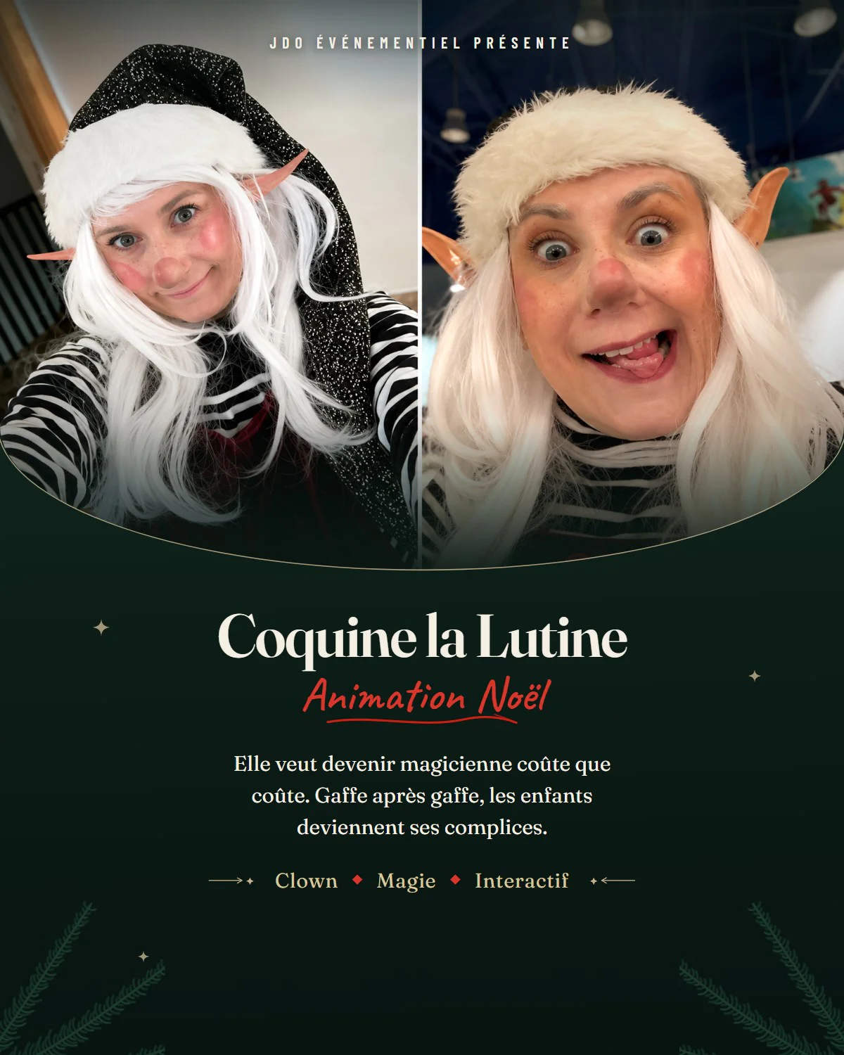 Affiche du spectacle Coquine la Lutine : la lutine en gros plan, perruque blanche et oreilles pointues. Clown, magie et interactif.