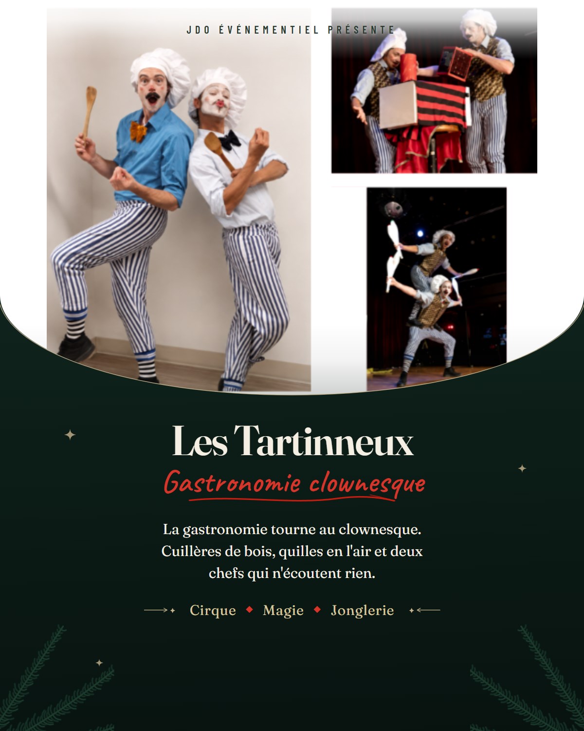 Affiche du spectacle Les Tartinneux : deux chefs clowns en pantalon rayé, cuillères de bois à la main. Cirque, magie et jonglerie.