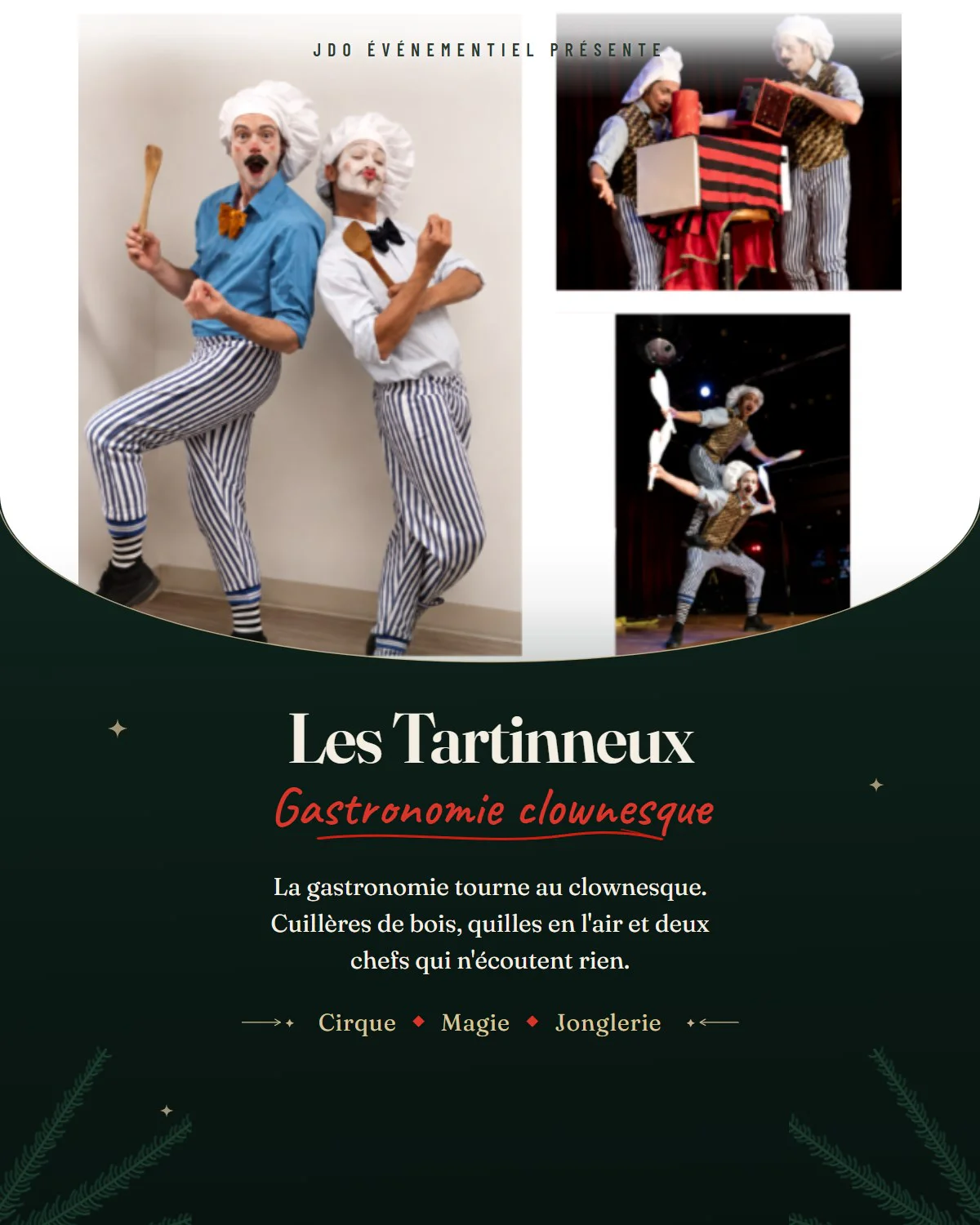 Affiche du spectacle Les Tartinneux : deux chefs clowns en pantalon rayé, cuillères de bois à la main. Cirque, magie et jonglerie.