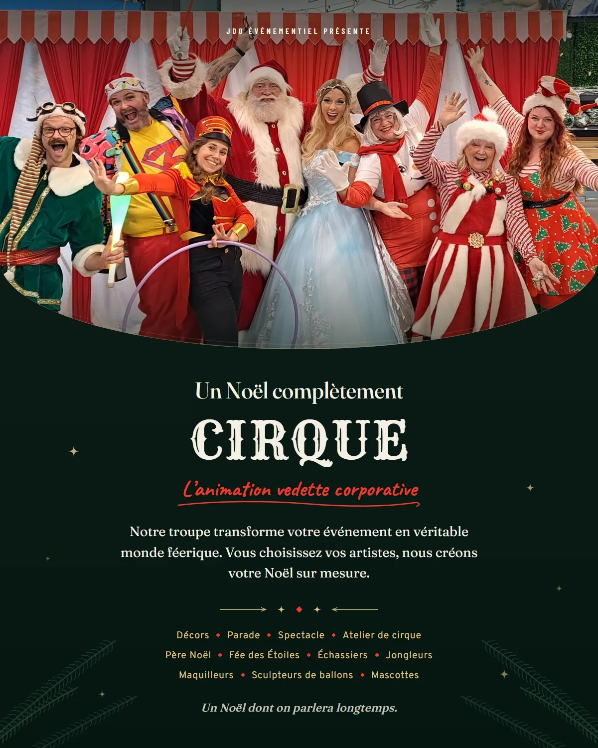 Affiche Un Noël complètement cirque : les dix artistes de la troupe JDO, bras levés devant un chapiteau rayé rouge et blanc. L'animation vedette proposée aux événements corporatifs.
