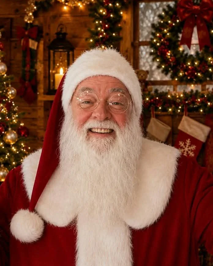Le Père Noël Bonhomme, lunettes rondes et grand sourire, dans un chalet décoré pour Noël.